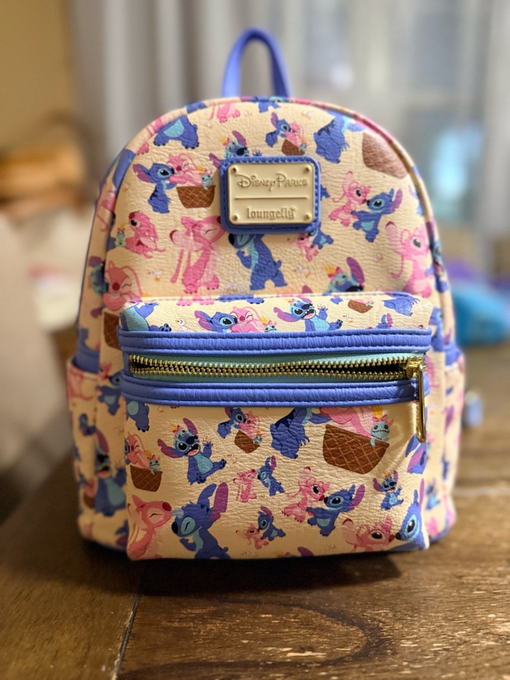 Loungefly Cream Mini Backpack with Pink and Blue Stitch Print